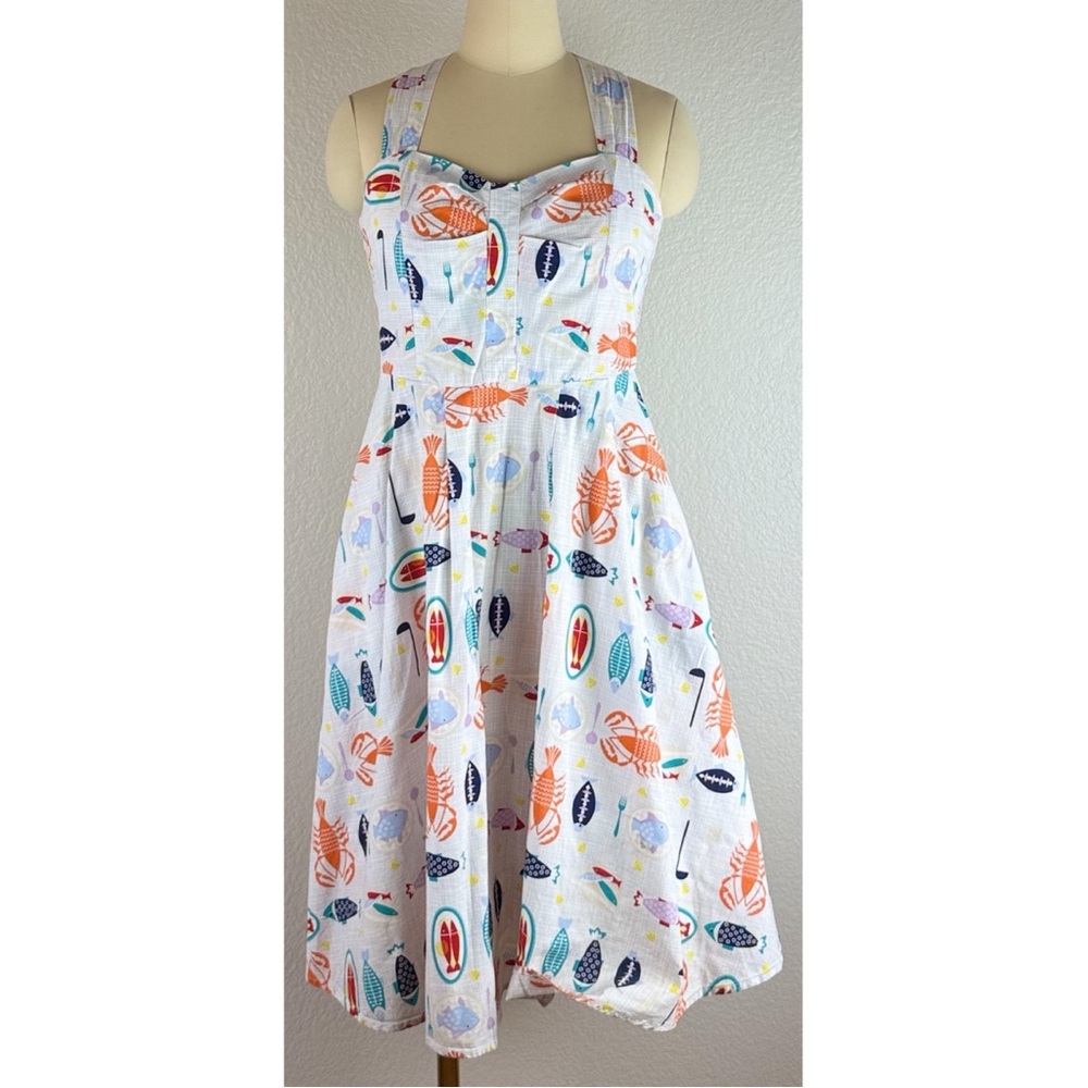 Revival Womens Lobster Fish Print Fit And Flare Pleated Rockabilly Dress, size 8